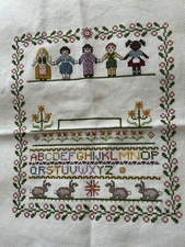 Finished Cross Stitch Sampler Alphabet Children Rabbits   17" x 14" unframed