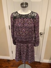 Joie Multicolor Paisley Print Drop Waist Silk Dress, W/ Lace Neckline, Size M