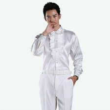 Herren Langärmlig Rüsche Gefaltete Vorderseite Hemd Rüschen-top Glänzend