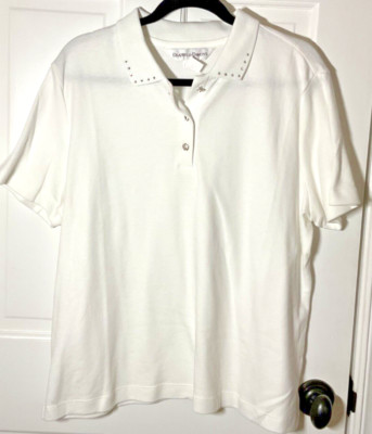DRAPERS & DAMONS WOMENS TOP  POLO SHORT SLEEVE WHITE CRYSTALS SIZE XL NEW