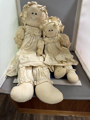 Rag Doll Doorstop Pair 2 Dolls With Aprons, Dresses, And Bloomers