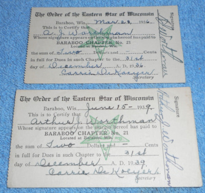 Two 1930s Order of Eastern Star Chapter 21 Baraboo Wisconsin Member Dues Cards