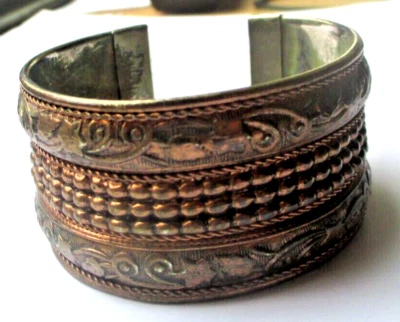 Ancien Bracelet ethnique manchette ouverte argent cuivre rouge bijou vintage - Photo 1/3
