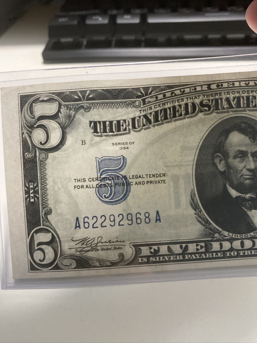 Error off center misaligned UNC 1934 $5 Blue Silver Mule