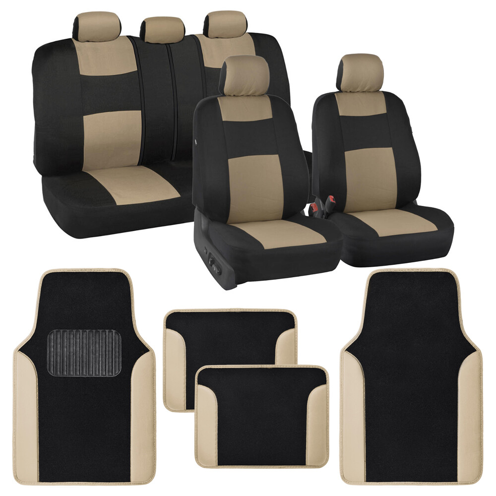 9 Piece PolyPro Beige & Black Car Seat Covers & 4PC Two-Tone Car Floor Mats Set