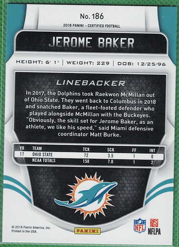 2018 Panini Certified Jerome Baker Rookie #186 Mirror Silver /999 - Picture 2 of 2