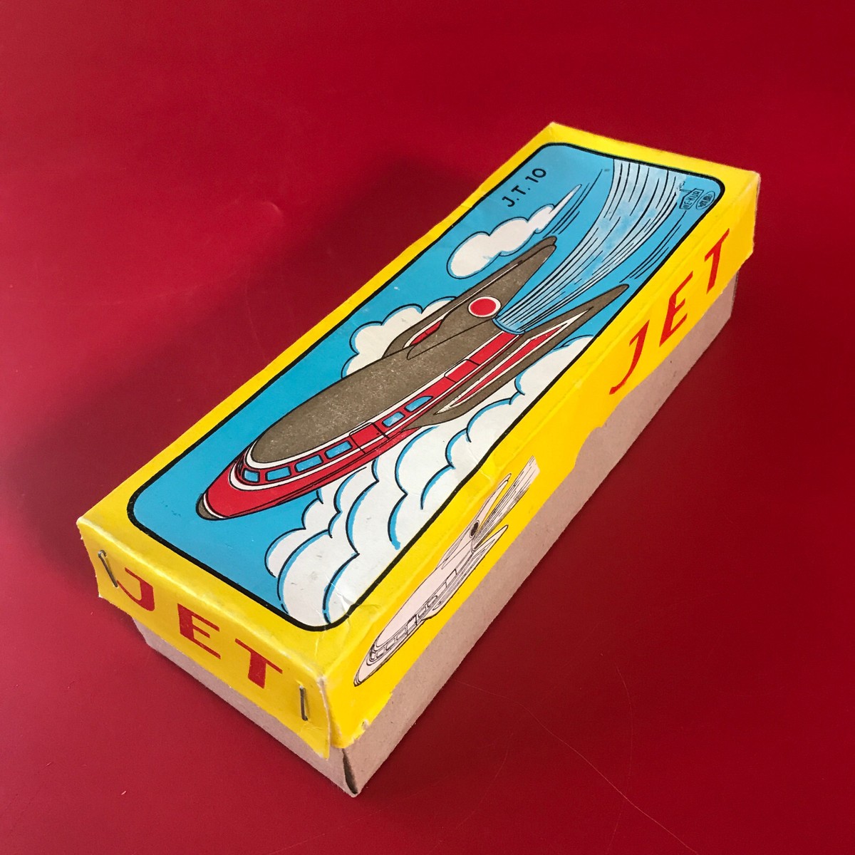 Vintage Jet Rocket Friction Tin Litho J.T. 10 with Original Vintage Jet Rocket Friction Tin Litho J.T. 10 with Original