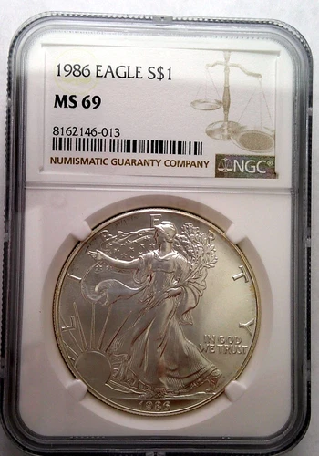 1986 AMERICAN SILVER EAGLE DOLLAR 1 OZ NGC MS69 BROWN LABEL 1st Year of Issue x2