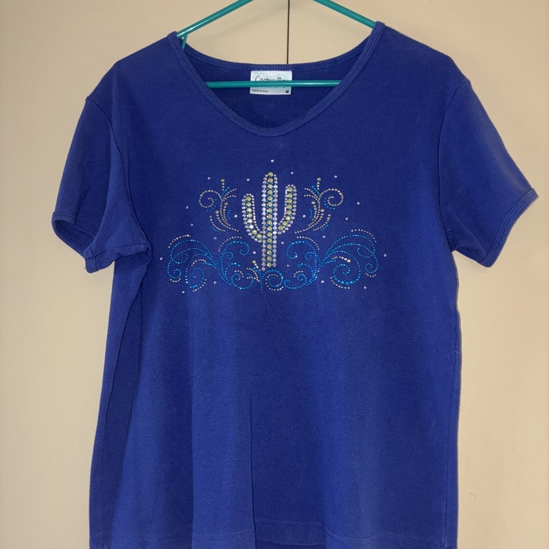 Cactus Bay Women’s Top, Medium, SS, Southwest Studded Cactus, Blue, made in USA