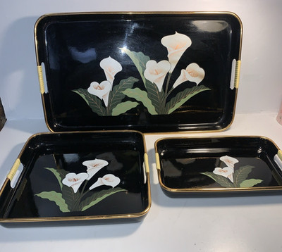 Vintage Japanese Laquer Ware 3 Piece Nesting Tray Set Black Floral Orchid