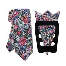 Mens Floral Tie Handkerchief Pocket Squares Holder, 2.75'' Pink Navy Floral