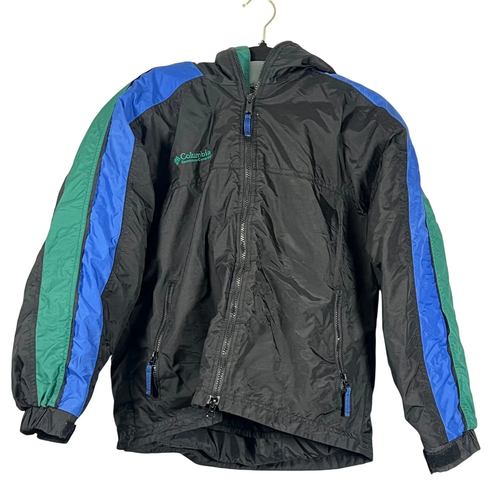 Columbia Vintage Kids Black Blue Fleece Lined Wind Proof Winter Coat Boys 14/16