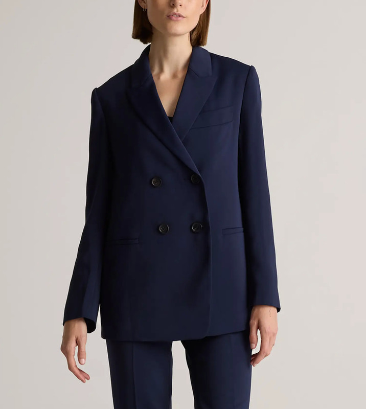 Quince Stretch Crepe Relaxed Double-Breasted Blazer - Navy - Size M