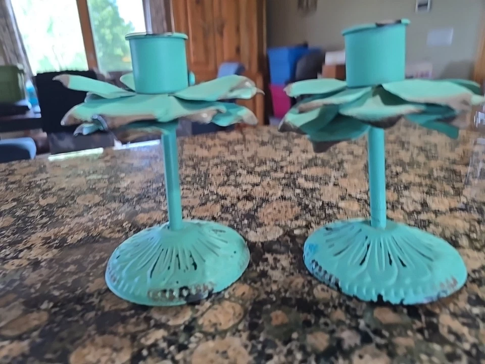 Teal Rustic Light Metal Candlestick Holders Farmhouse Decor 5 1/4 in Tall - Image 2 of 4