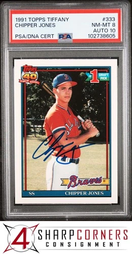 1991 TOPPS TIFFANY #333 CHIPPER JONES RC HOF PSA 8 DNA AUTO 10