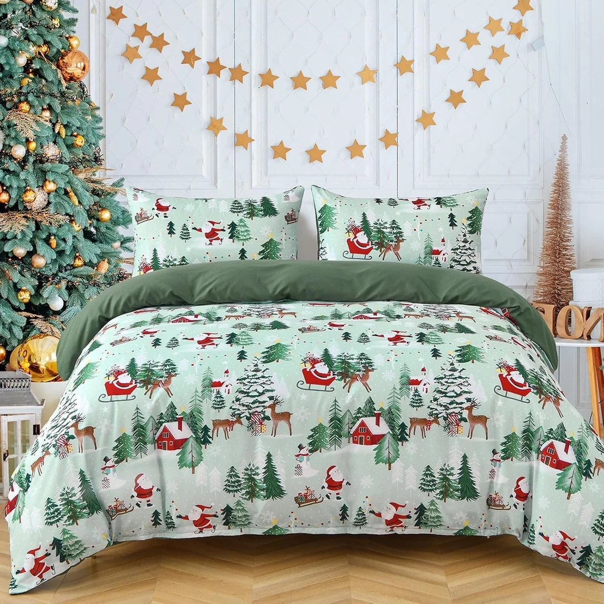 Fusion Federa Copripiumino Matrimoniale Rosso Natale Con Babbo Natale - 200x200 Cm Reversible Con 2 Federe Cuscino