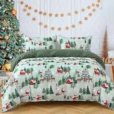 Christmas Duvet Cover Set Queen Size 3 Piece, Green Christmas Tree Deer Pattern
