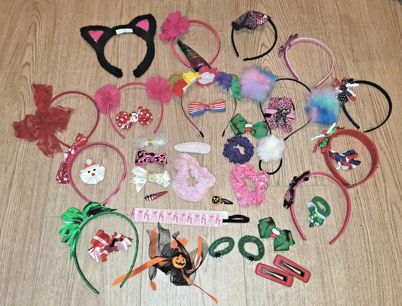 🎀 Girl's 38 Hair Accessory Lot Headband Holiday Clip Cat Unicorn Pom Bow Flower
