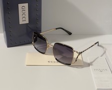 Gucci GG0593SK 001 Black Gold Gray Lens Oversized Sunglasses 59mm Ships Today