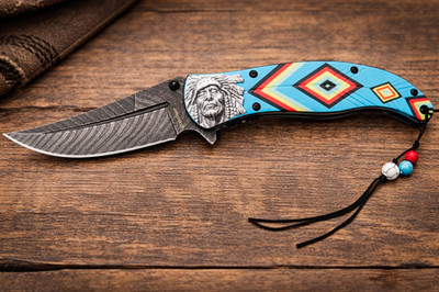 Native American Style Folding Knife   8.5  Overall   Damascus Look Blade 