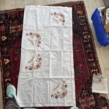 Vintage Linen Embroidered By Hand Table Cloth 60 X 61 Has A Small Tear