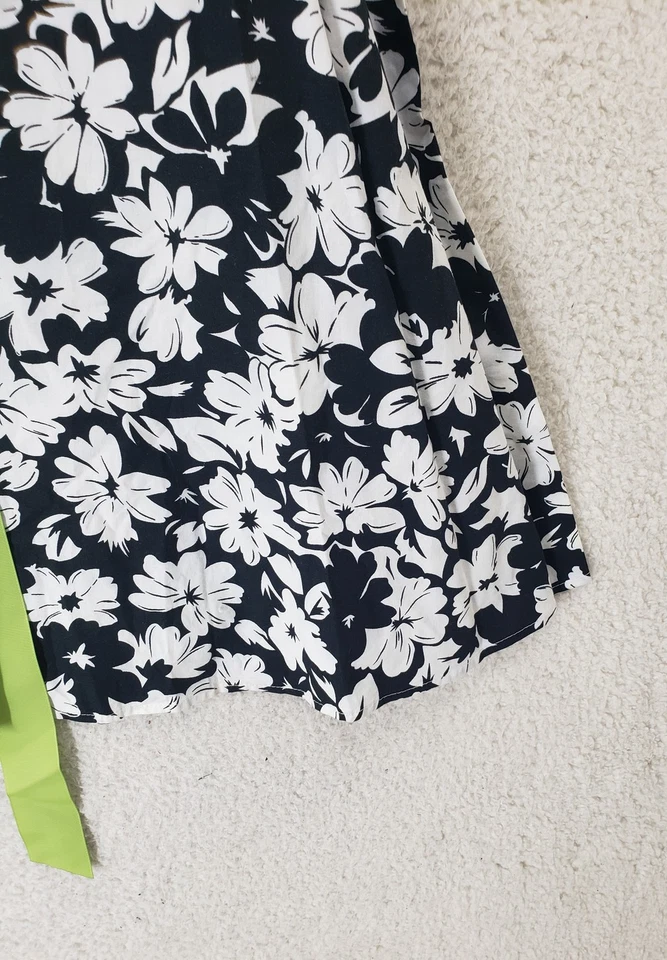 Vestido Ellen Tracy Mujer 12P Negro Blanco Floral Algodón Línea B A Forrado con Cinturón K L Foto 4 de 4