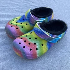 Crocs Shoes Kids Size 1 Rainbow Classic Lined Clog Tie Dye Fuzzy Warm