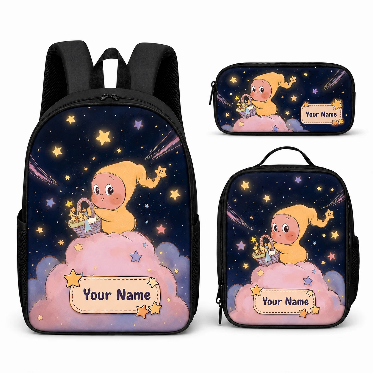 Personalized Cute Sleepy Baby Backpack 3pcs Set Celestial Star School Bag