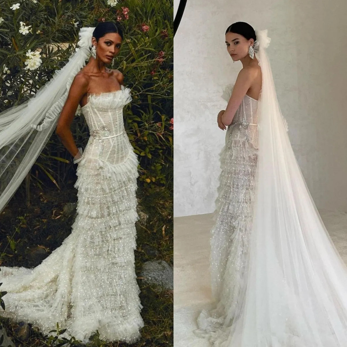 Vestidos de novia vintage de sirena sin tirantes de tul en capas lentejuelas lazo vestidos de novia