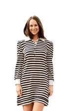 Buru Peter Pan Knit Navy Off White Stripe Dress baby doll puff sleeves sz Small