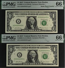 2017 $1 FRN PMG 66EPQ super radar & near solid serial number 24444442 & 24444444