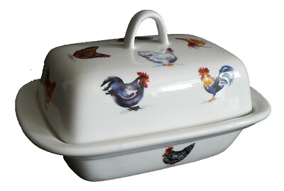 Bunte Hahnen, Huhn Porzellan tiefweiß Butterdose verschiedene Hühner