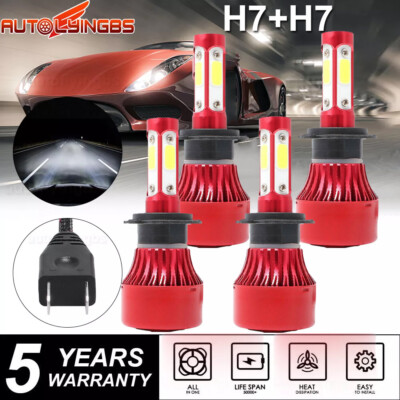 4PCS 4-Side H7+H7 Combo LED Headlight Bulb Kit High Low Beam 180W 6000K Lamp