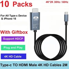 LOT 10 x 2M USB 3.1 Type-C To HDMI Male Cable 4K 60Hz HD 1080P HDTV Mirror Cable