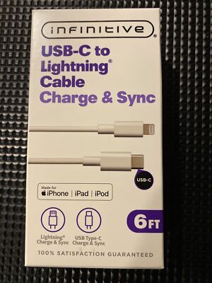 Infinitive Durable 6 Ft. USB C to 8 Pin Connector Pin Cable Charge & Sync White