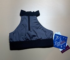 Motionwear Zip Front Mock Neck Halter Bra Crop Top-Dance Gym Cheer Gray Sz 6-7