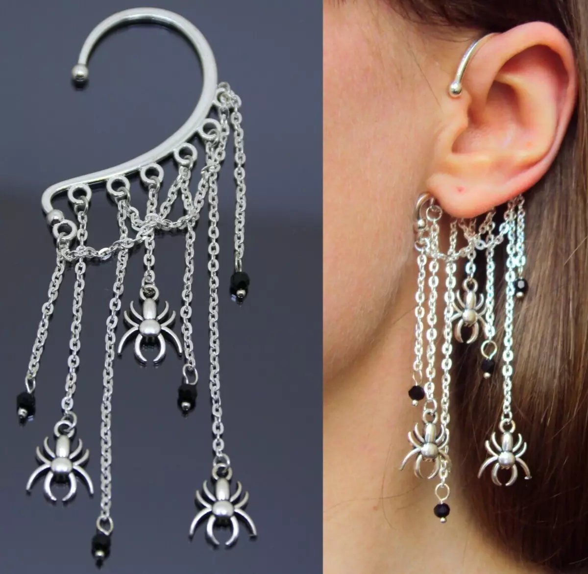 Spider Ear Cuff Silver Witchy Earrings No Piercing Gothic Dangling Ear Wrap  Gift