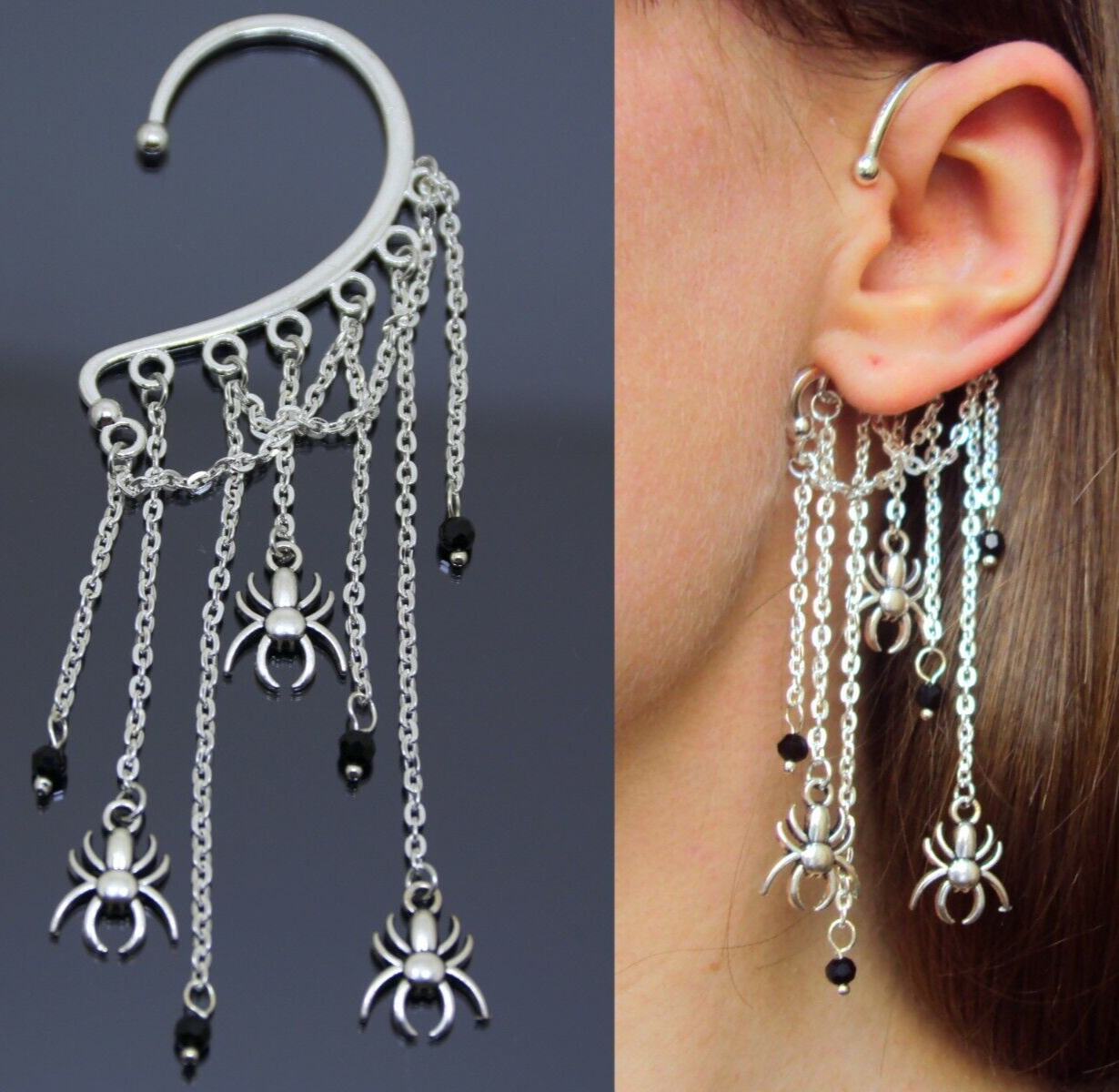 Spider Ear Cuff Silver Witchy Earrings No Piercing Gothic Dangling Ear Wrap  Gift