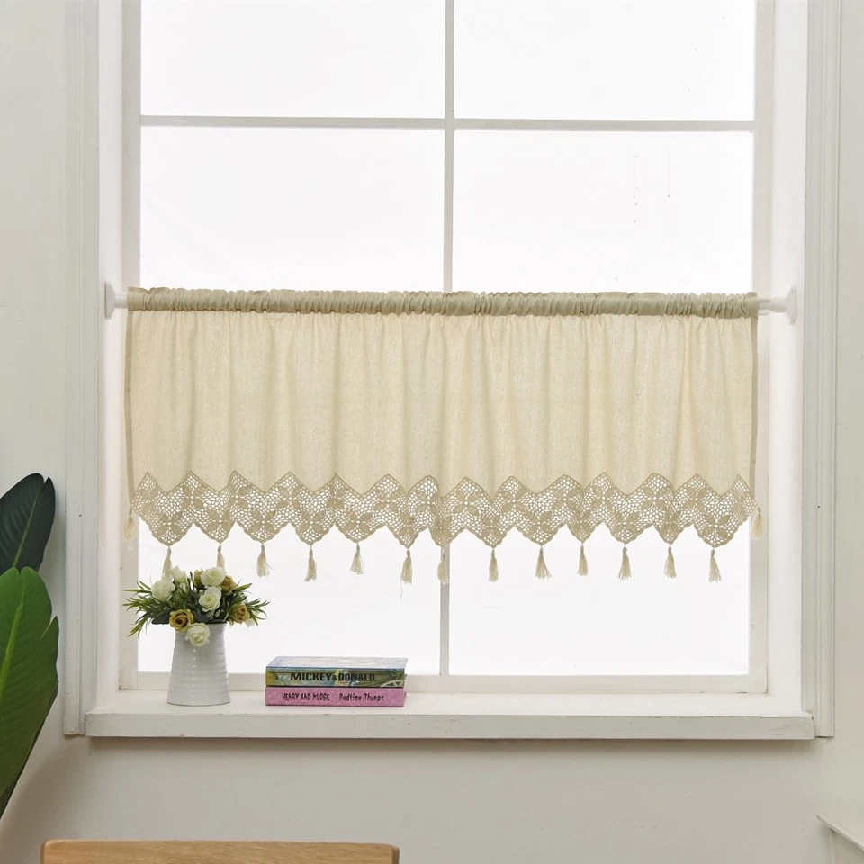 Cortina de cocina hecha a mano algodón lino ventana cortina cenefa borla panel decoración Foto 2 de 4