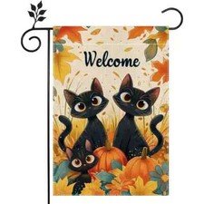 Welcome Black Cats Fall Pumpkin Leaves 11.8 X 18" Double Sided Garden Yard Flag