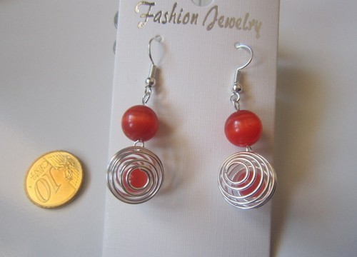 Pendientes cuarzo ojo gato naranja perla espiral baño plata 46 mm bisutería 308 - Imagen 2 de 4