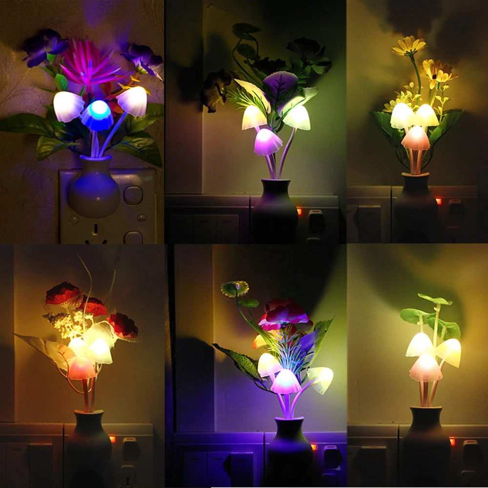 US Plug Fashion Flower Mushroom LED Night Light Sensor Baby Bed Room Lamp Decor