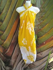 Hawaii Pareo Sarong Yellow/White Hibiscus Hawaiian Beach Pool Luau Wrap Dress 