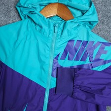 Nike Windrunner Jacket Youth Size Small Teal Purple Big Logo Hooded Windbreaker