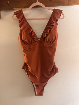 Women s Orange Solid One-Piece Swimsuit Ruffle Straps Lace-Up Back L/XL