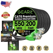 Black 200ft Cat6 Direct Burial Ethernet Cable, 10Gbps Speed, UV Resistant, Go...