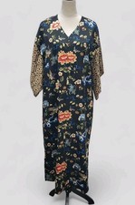 Natori Vtg Black Floral House Dress 70s Lounge Kaftan Robe Boho Loungewear Sz S