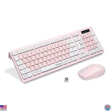 Reccazr Wireless Keyboard Mouse Set - 2.4G Full-Sized Combo, Pink/White, 3 DPI