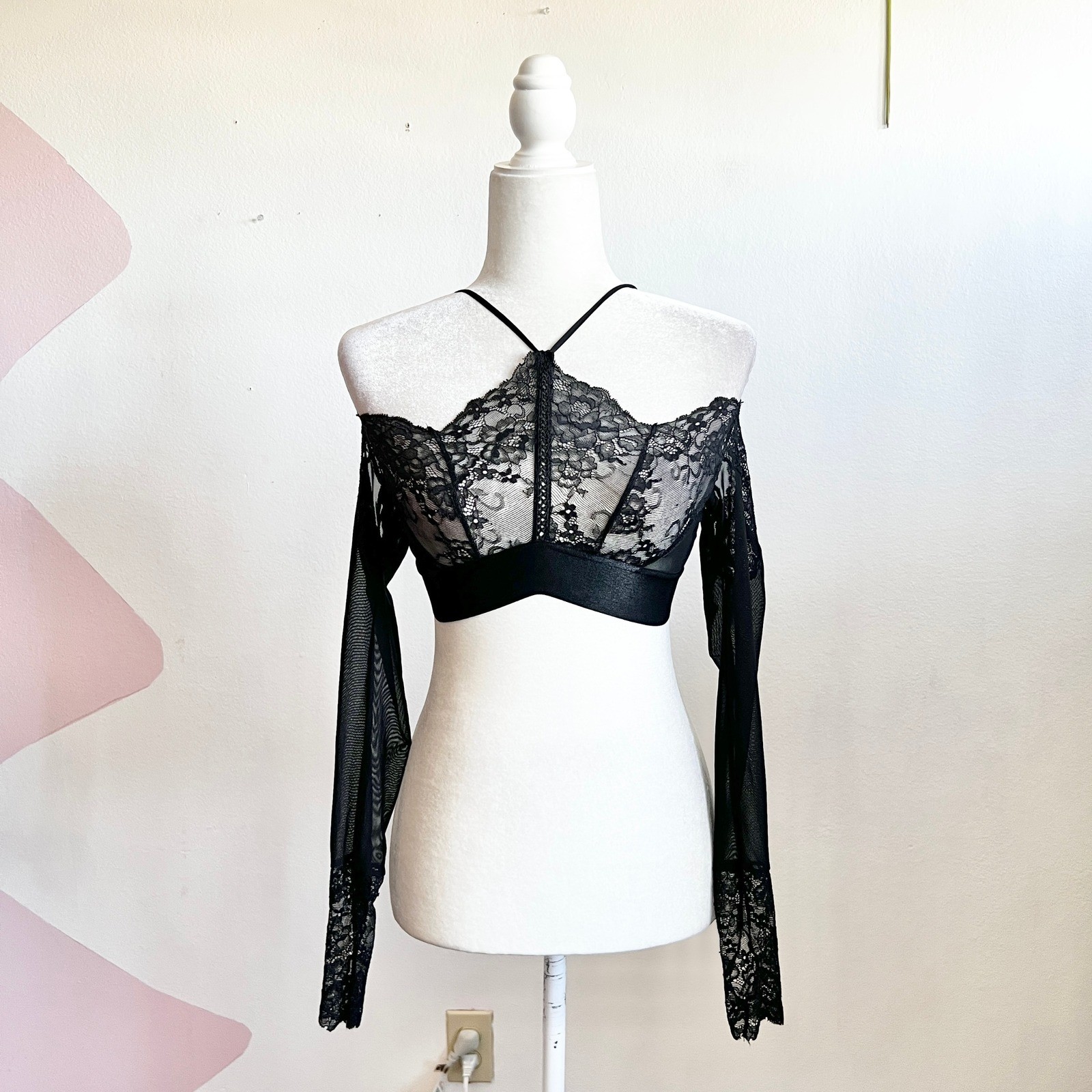 Shirley of Hollywood Black Lace Sheer Top Vintage Y2K Gothic Lingerie Rave Small