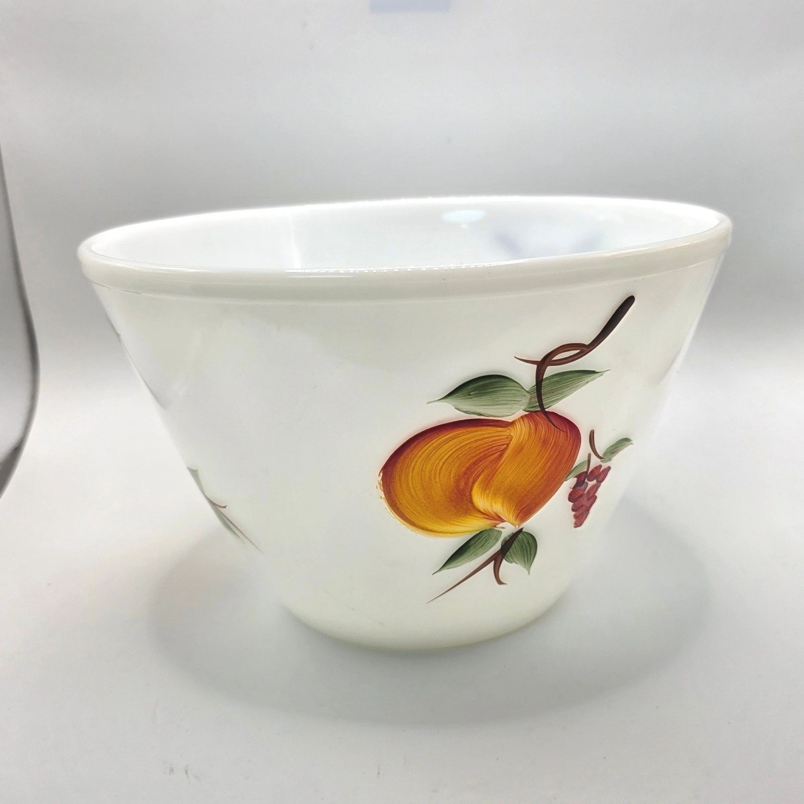 Vintage Pyrex Milk Glass Mixing Bowl Hand Painted Fruit Peach Grapes White MCM